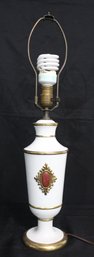 Vintage Urn-Shaped White Ceramic/Porcelain Table Lamp With Gold Accents And Distinctive Red Emblem