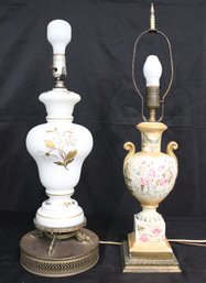 Beautiful Vintage Hand-Painted Floral Design Satin Glass And Porcelain Table Lamps (