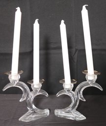 A Pair Of Modern Glass Double Candlestick Holders With Bobeches