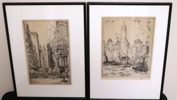 Set Of 2 Framed Original Etchings Of Artists Proofs, Signed By Jafir. Titled 'Bowling Green, NY & New York