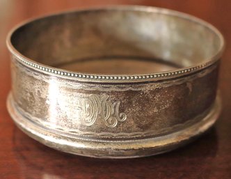 Monogrammed English Sterling Silver Wine Holder With Wooden Base.