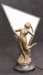 Small Vintage Art Deco Lamp Featuring A Bronze-Patinated Nude Exotic Dancer Figure