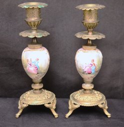 Pair Of Vintage Hand Painted Romantic Scene Porcelain And Brass Handle Holders