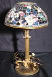 Floral Design Slag Glass Shade Table Lamp With Lion Accents