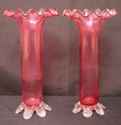 Pair Of Vintage Cranberry Blown Art Glass Ruffle Rim Vases