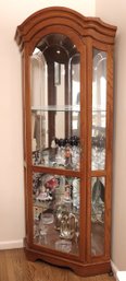Mirrored Corner Curio Wood Display Cabinet With Etched Glass Doors And Lighting - Contents Not Included