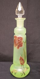 Vintage Green Frosted Glass Decanter With Hand Painted Floral Design