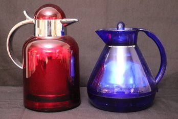 Pair Of Vintage Red And Blue Thermoses/Carafes