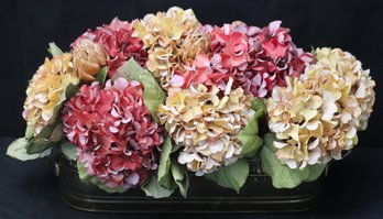 Faux Hydrangea Floral Centerpiece In Brass Finish Planter