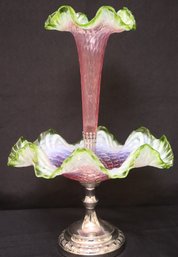 Stunning Victorian Style Multi-Colored Hand Blown Glass Epergne/Ostrich Vase