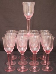 Set Of 13 Tall Stemmed Pink Blown Glass Goblets