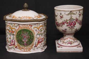 Vintage Crackle Glaze Porcelain And Brass Ormolu Lidded Trinket Jar And Small Floral Design Crackle Glaze