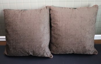 Pair Of Large Brown Decorative Pillows With Leather Like Trim