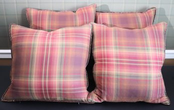 Set Of 4 Multi-Colored Plaid Throw Pillows With Leather Like Trim