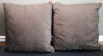 Pair Of Large Brown Decorative Pillows With Leather Like Trim