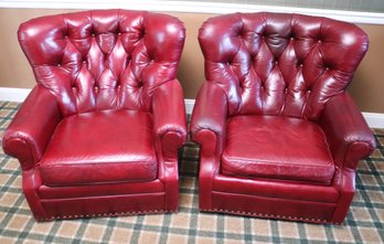 Pair Of CR Laine Large Vintage Burgundy Leather Tufted Chairs