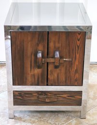 Vintage Mid Century Modern Style Reclaimed Wood And Chrome Look Frame Side Cabinet