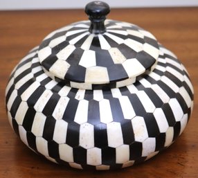 Collectible Lidded Wood Bowl With Bone Inlay Detail.