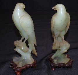 Pair Of Antique Carved Jadeite Bird On A Branch Figurines With Stands