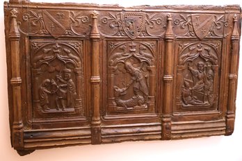 Magnificent Antique French Gothic Style Hand-Carved Wood Panel With Figural Scenes