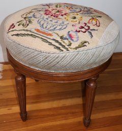 Vintage Louis XVI Style Botanical Motif Needlepoint Round Vanity Stool