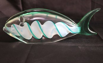 Hand Blown Glass Art Fish Sculpture In A Green Swirled Tone