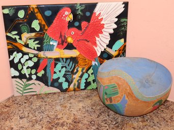 Hand-Painted Decorative Gourd Bowl And Vibrant Macaw Parrot Birds Ceramic Wall Tile