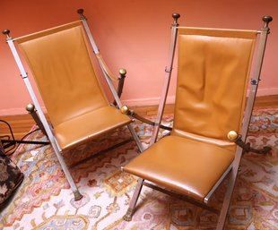 Pair Of Vintage Brass And Steel Collapsible Campaign Chairs In The Style Of Mason Jansen