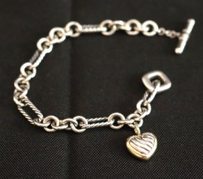 David Yurman Sterling 925 Chain Link Bracelet With Gold Accented Heart Charm