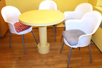 Mid Century Modern Formica Pedestal Kitchen Table With 4 White Recycled Plastic Chairs In The Style Of Marcell