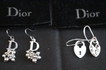 Includes 2 Pairs Of Christian Dior Designer Stainless Steel Earrings With Dust Pouches