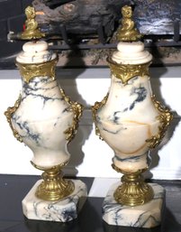 Pair Of Antique Marble Cassolettes With Gilt Bronze Floral Ormolu Mounts