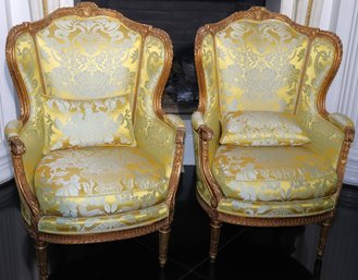 Pair Of Exquisite French 19th Century Carved Giltwood Custom Upholstery Wing Back Armchairs With Fluted Legs
