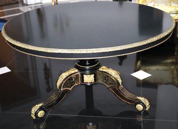 Large Round Black Pedestal Hallway Table With Elaborate Bronze Accents And Appliques