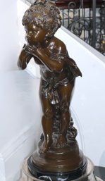 Girl Blowing A Kiss Patinated Hollow Brass Sculpture After Auguste Moreau On Black Marble Base