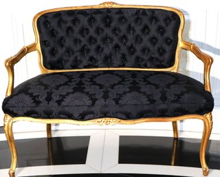 Vintage Louis XVI Style Custom Black Floral Upholstery Tufted Back Giltwood Settee