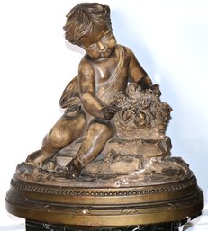 Vintage Terracotta Figural Group Of Cherub With Flower Basket