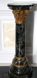 Richly Grained Black Marble Column Pedestal With Gilt Bronze Accents