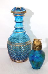 Vintage Empoli Blue Diamond Point Glass Decanter With Gold Trim And MCM Porcelain Lighter.
