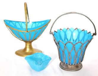 Victorian Sterling Silver Sugar Basket With Blue Liner, Gilt Sugar Basket - Blue Opaline And Small Glass Box