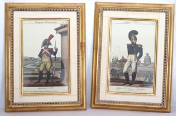 Two Vintage Hand- Colored Prints Of French Officers In Gold Trowbridge Frames.