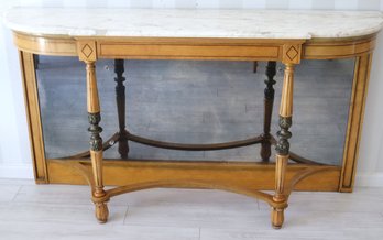 Vintage French Fruitwood Demi Lune Console With Marble Top And Antiqued Mirror Back Panel.
