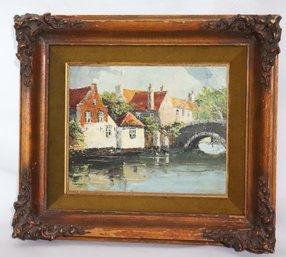 A. Du Hoven Dutch Artist Signed Oil Painting On Board Of Houses And Bridge Over Canal.