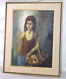 Oil Painting On Canvas Of Young Girl With Flower Basket, Signed Lanier, Dated 66.
