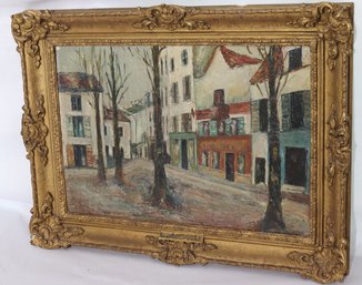 Post- Impressionist Oil On Board Painting Of Montmarte, Paris Street Scene, Signed, With Plaque, Baroque Frame