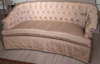 Custom Made Hollywood Regency Style Curved Sofa With Tufted Back, And Light Pink Silk Moire Fabric.