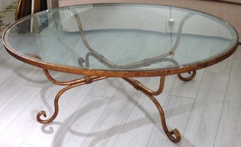 Late 20th Century Vintage Gilt Iron And Glass Top Oval Coffee Table.