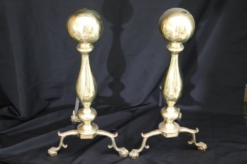 Pair Of Tall Shiny Brass Cannonball Andirons With Claw Feet.