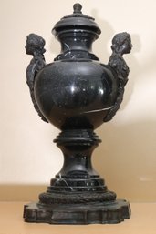 Neoclassical Style Black Marble Urn With Lid And Caryatid Handles.