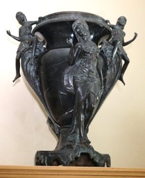 Large Neoclassical Style Black Marble Urn With Verdigris Bronze Art Nouveau Style Figures.
